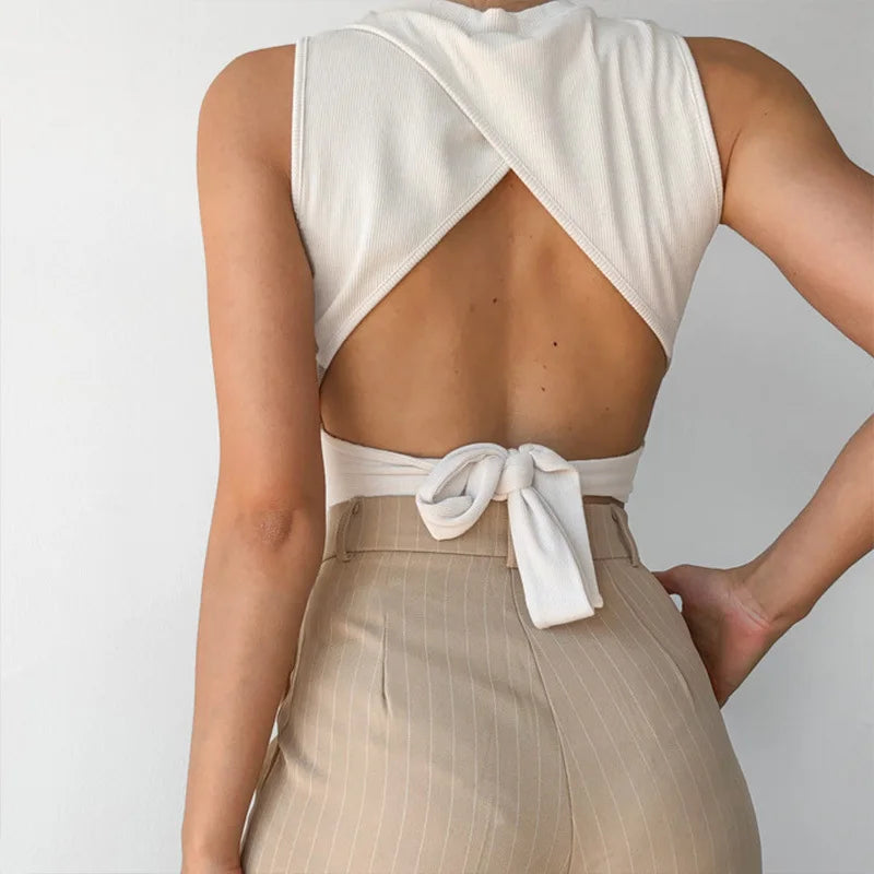 Sexy backless women tank top bandage slim crop top summer 2025 casual streetwear tops solid cotton soft criss cross top