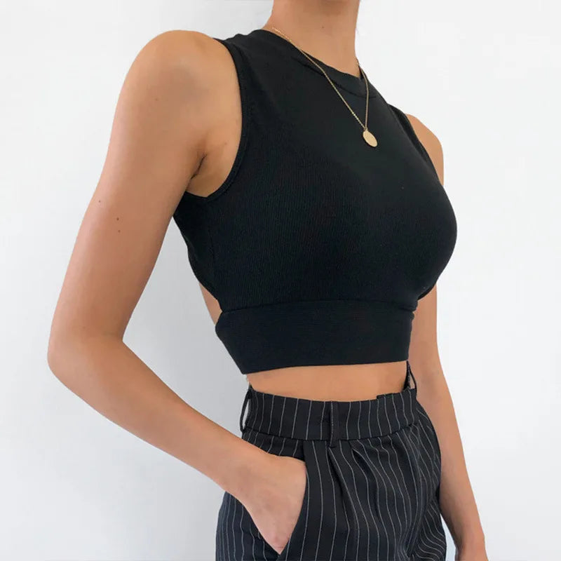 Sexy backless women tank top bandage slim crop top summer 2025 casual streetwear tops solid cotton soft criss cross top