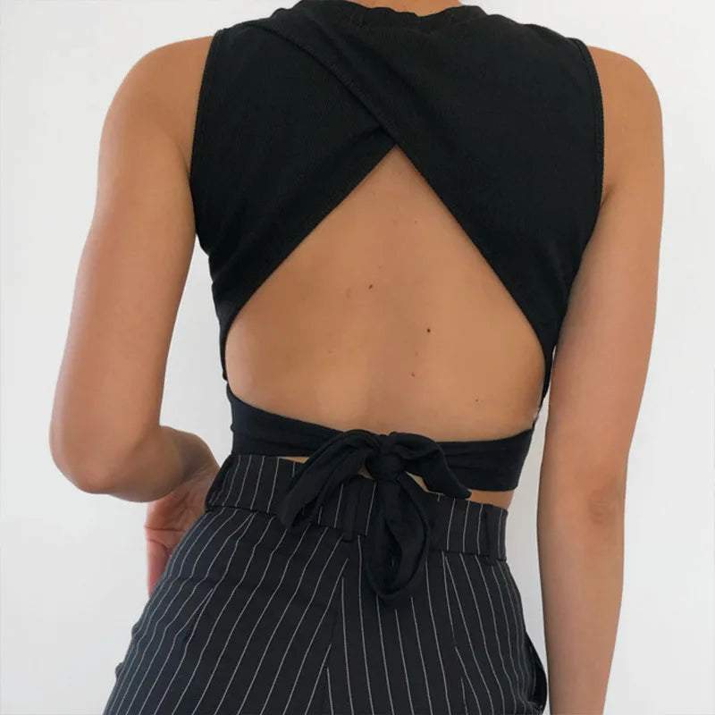 Sexy backless women tank top bandage slim crop top summer 2025 casual streetwear tops solid cotton soft criss cross top