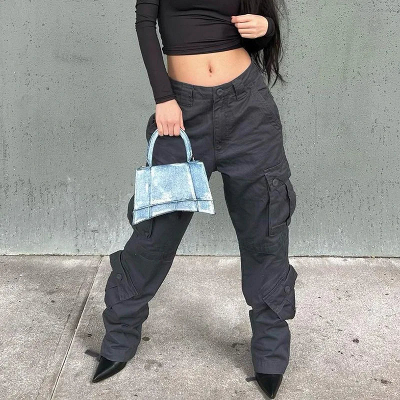Street Trend Personality Multi-pocket Cargo Pants,American High-waisted Casual Jeans,Washed Loose Wide-leg Pants for Women Jeans