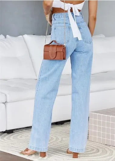 Bleached Washed Straight Pants Women Denim Ankle Length Jeans Zipper Fly High Waist Jean Pocket Loose 2025 Summer Basics