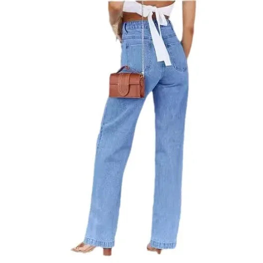 Bleached Washed Straight Pants Women Denim Ankle Length Jeans Zipper Fly High Waist Jean Pocket Loose 2025 Summer Basics