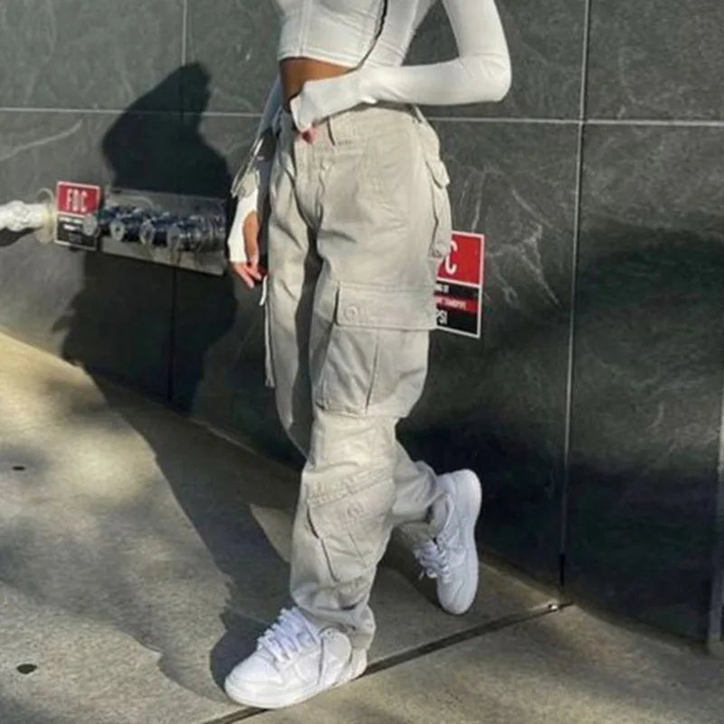 Street Trend Personality Multi-pocket Cargo Pants,American High-waisted Casual Jeans,Washed Loose Wide-leg Pants for Women Jeans