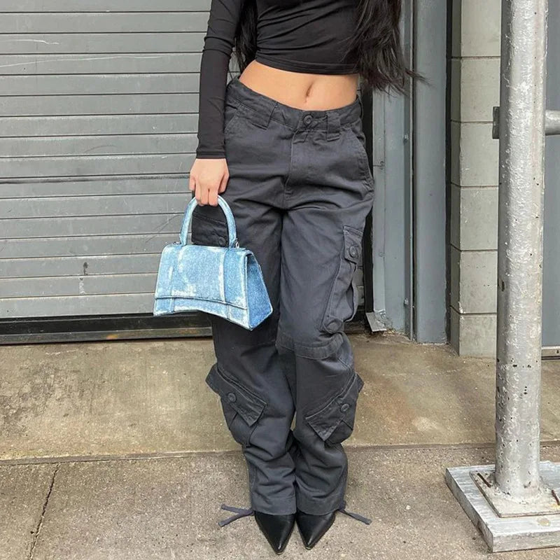 Street Trend Personality Multi-pocket Cargo Pants,American High-waisted Casual Jeans,Washed Loose Wide-leg Pants for Women Jeans