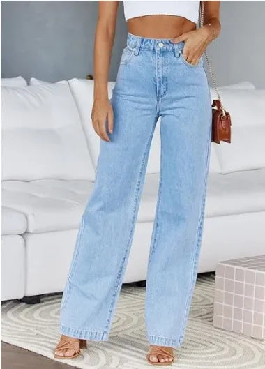 Bleached Washed Straight Pants Women Denim Ankle Length Jeans Zipper Fly High Waist Jean Pocket Loose 2025 Summer Basics