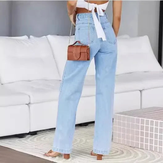 Bleached Washed Straight Pants Women Denim Ankle Length Jeans Zipper Fly High Waist Jean Pocket Loose 2025 Summer Basics