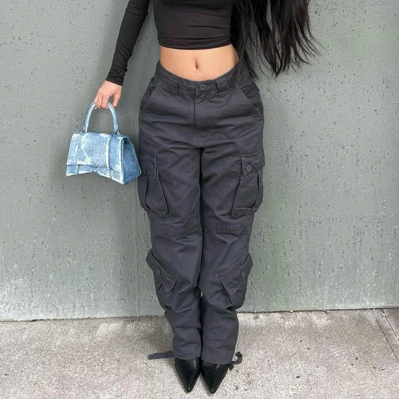 Street Trend Personality Multi-pocket Cargo Pants,American High-waisted Casual Jeans,Washed Loose Wide-leg Pants for Women Jeans