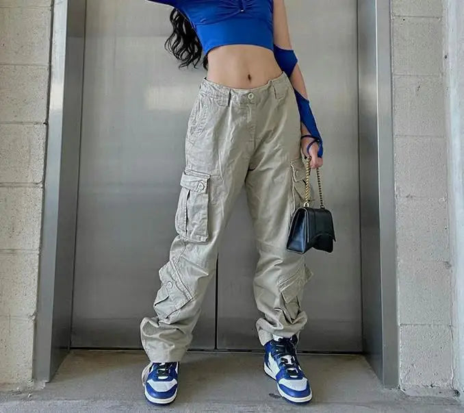 Street Trend Personality Multi-pocket Cargo Pants,American High-waisted Casual Jeans,Washed Loose Wide-leg Pants for Women Jeans