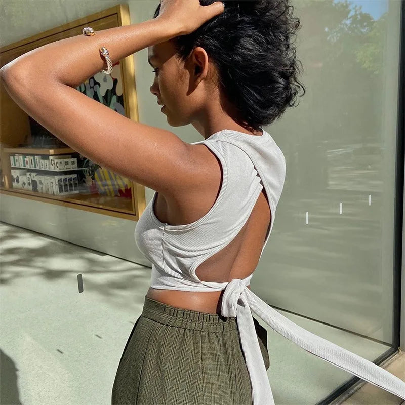 Sexy backless women tank top bandage slim crop top summer 2025 casual streetwear tops solid cotton soft criss cross top