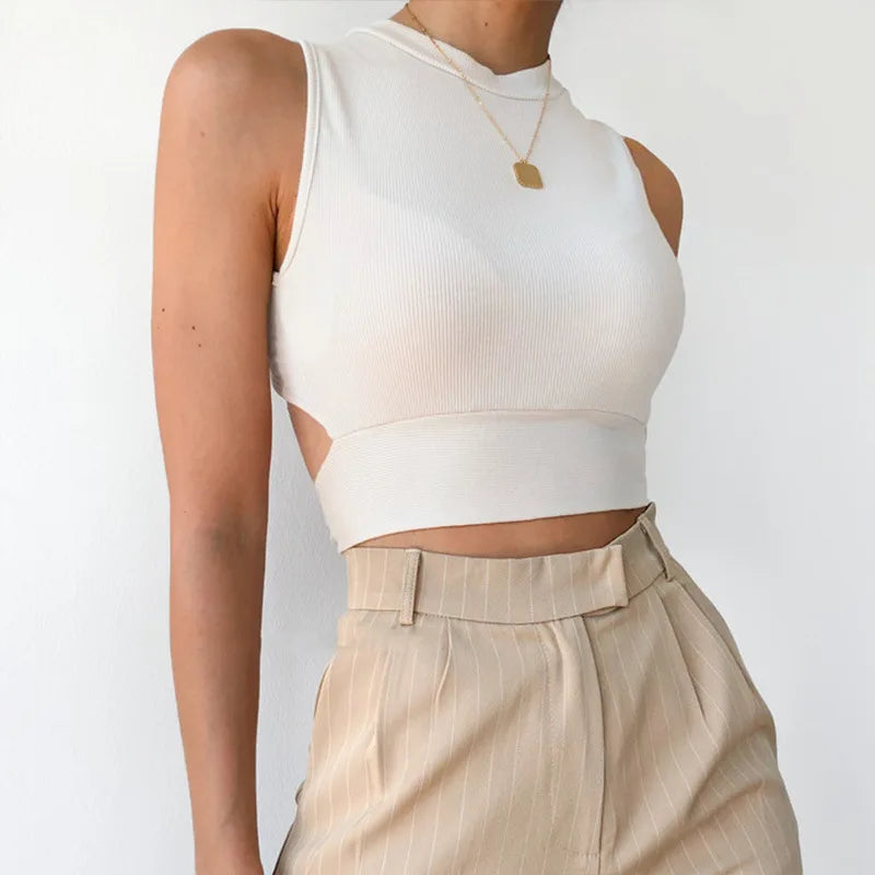 Sexy backless women tank top bandage slim crop top summer 2025 casual streetwear tops solid cotton soft criss cross top