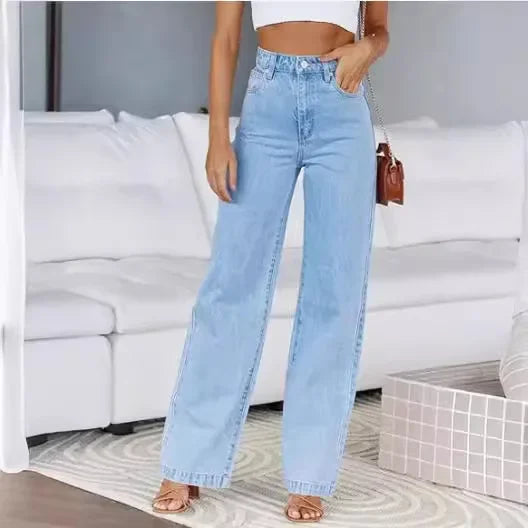 Bleached Washed Straight Pants Women Denim Ankle Length Jeans Zipper Fly High Waist Jean Pocket Loose 2025 Summer Basics