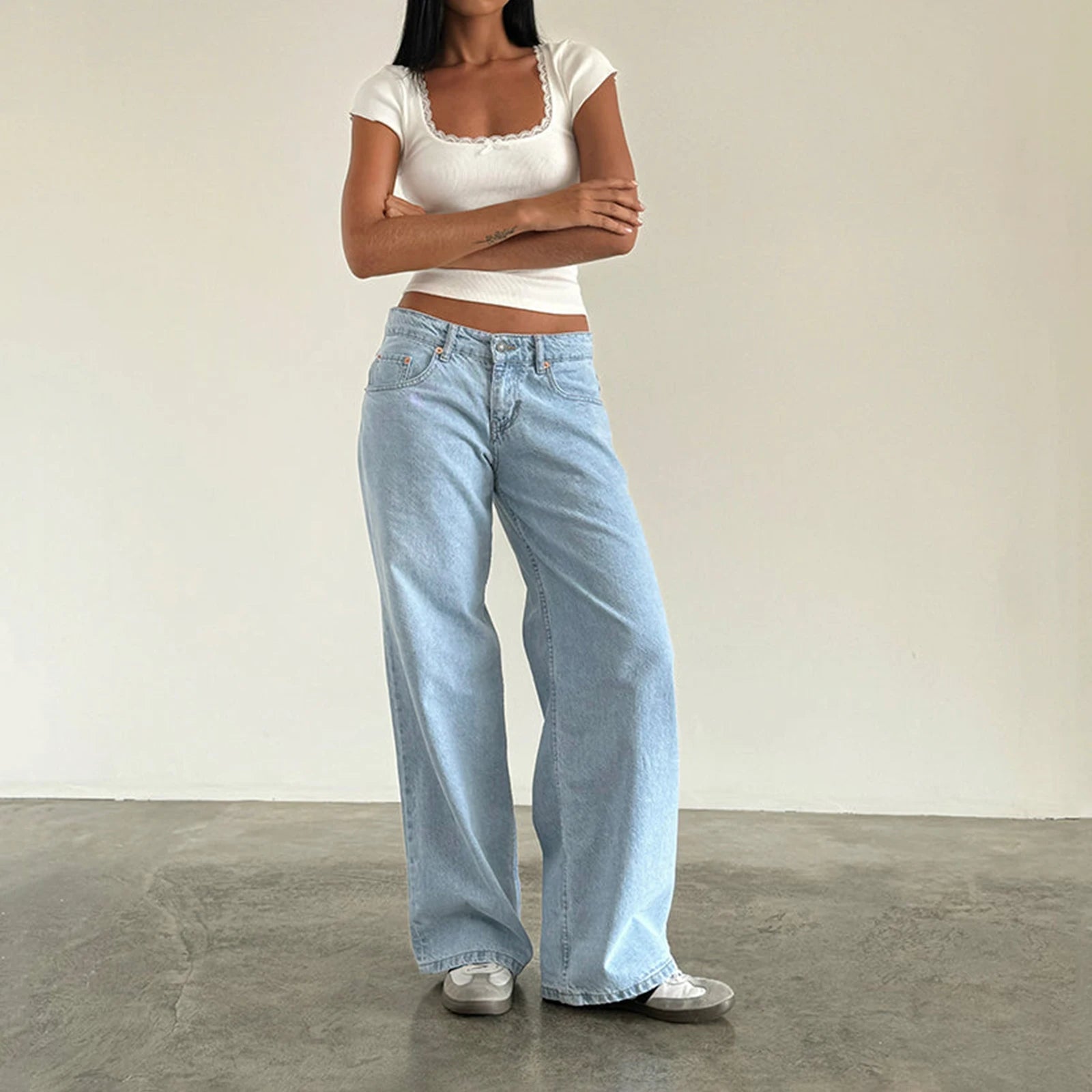 Combhasaki Women's Y2K Vintage Zipper Button Low Waist Jeans Solid Color Baggy Denim Long Trousers with Pockets Daily Streetwear