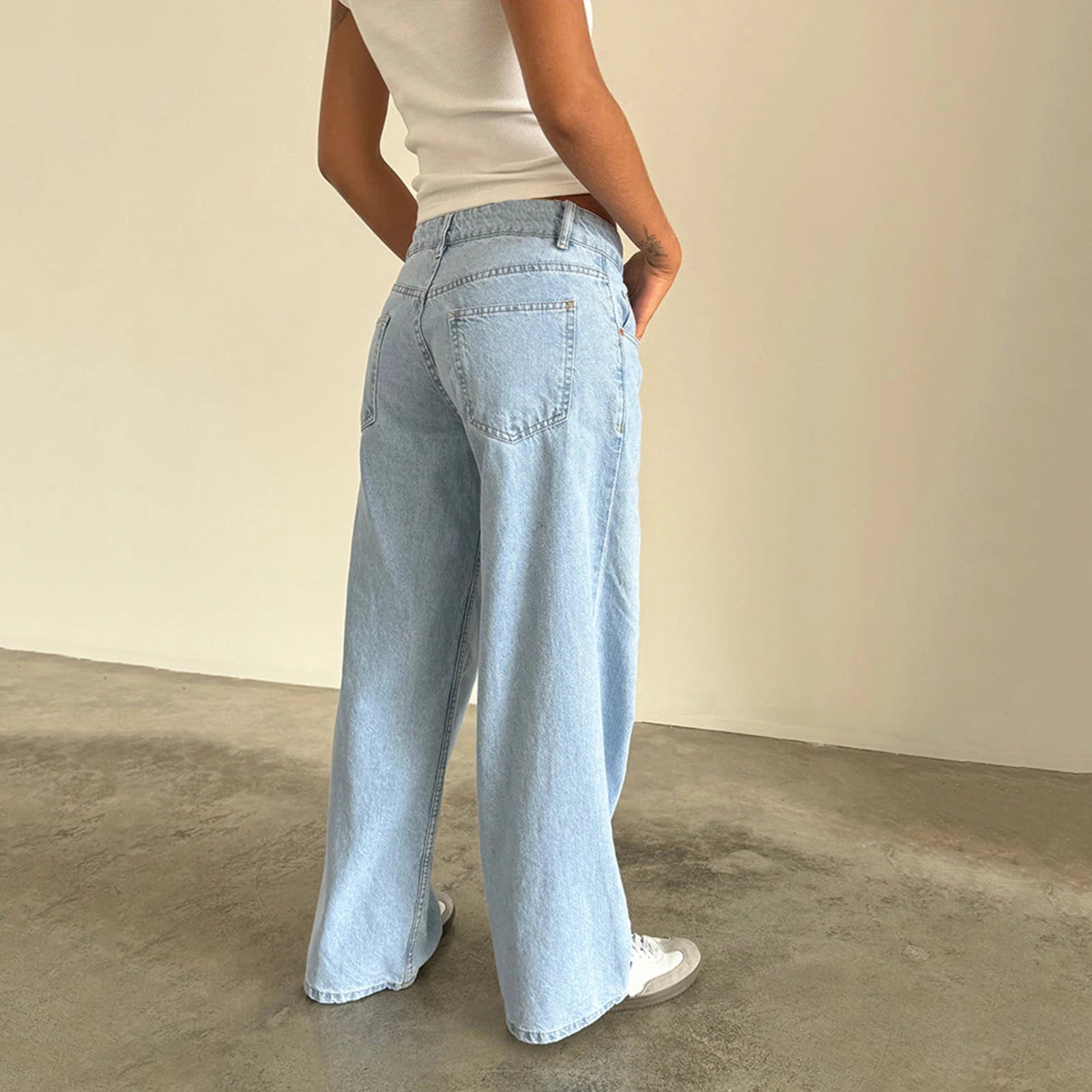 Combhasaki Women's Y2K Vintage Zipper Button Low Waist Jeans Solid Color Baggy Denim Long Trousers with Pockets Daily Streetwear